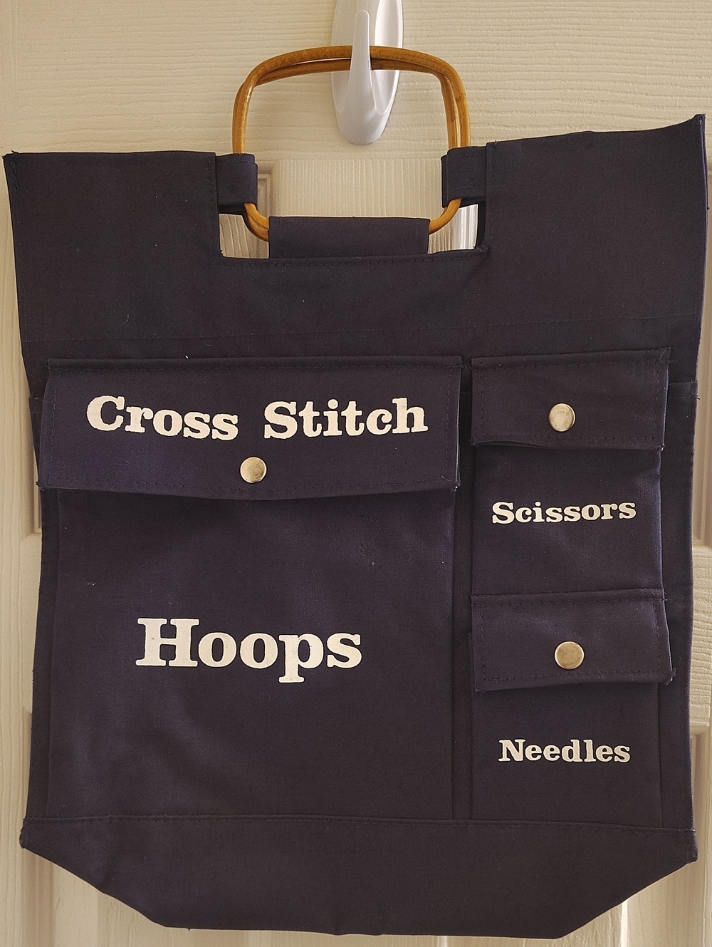 Source Unknown Navy Cross Stitch Organizer Bag with Wooden Handles